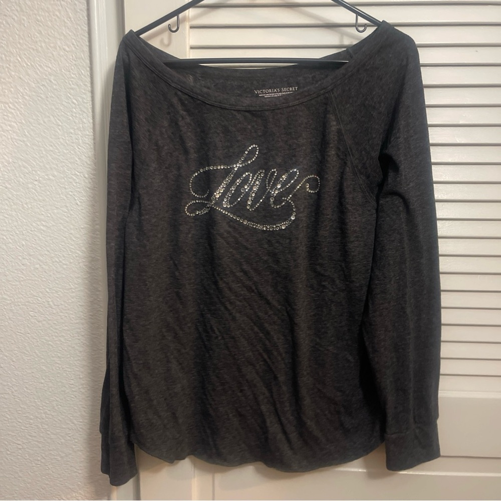 Victoria's Secret Gray long sleeve tshirt with 'Love' Design with rhinestones